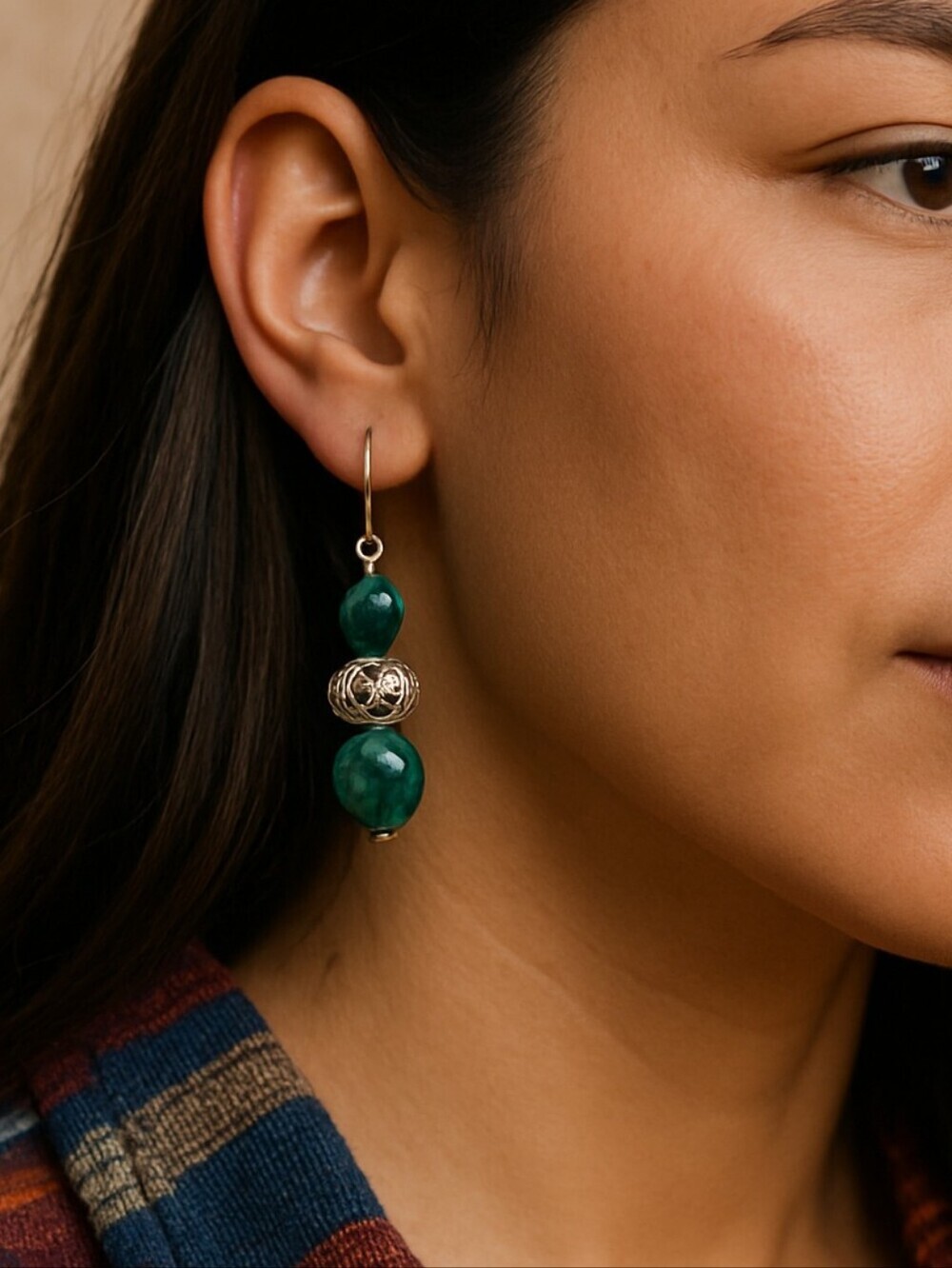 African turquoise Beaded Dangle Earrings Embossed silver scroll southwestern gem